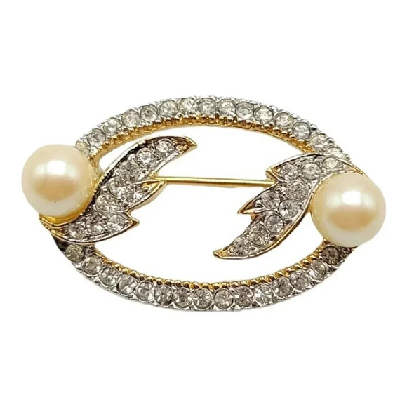Clear Rhinestone Faux Pearl Infinity Wreath High End Vintage Brooch Gold Tone - Picture 1 of 4